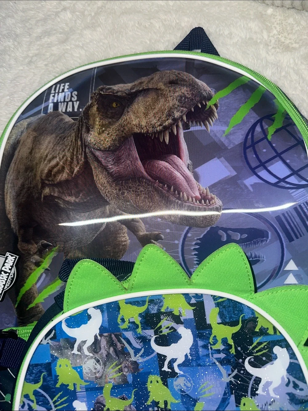 Jurassic World Kids Dino Backpack - Navy & Lime Green. Detachable Lunch Kit